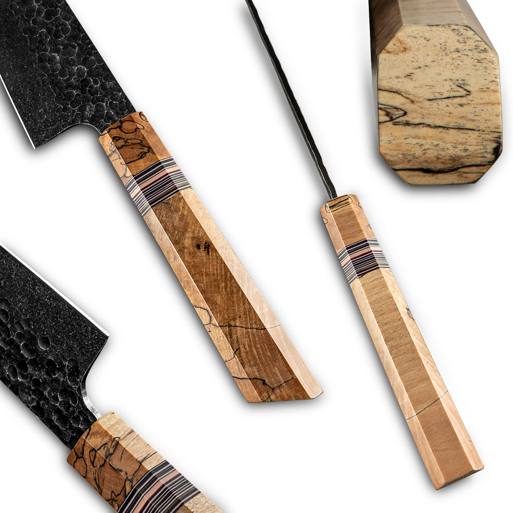 Santoku Kitchen Knife, Hikari – Japanese Style All-Purpose Knife with High Carbon Steel Blade and Spalted Maple Handle - Hikari