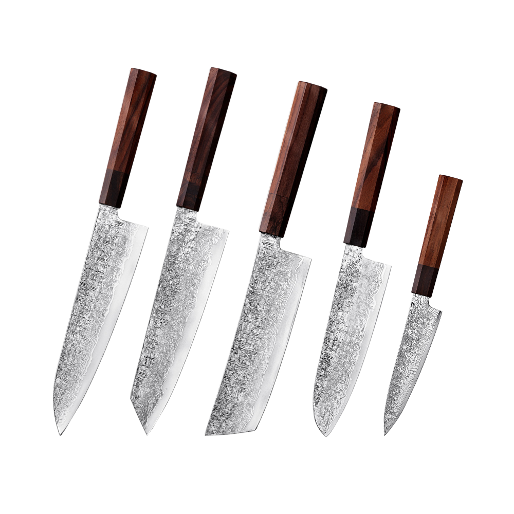 Set of five japanese knives with wooden handles on a white background