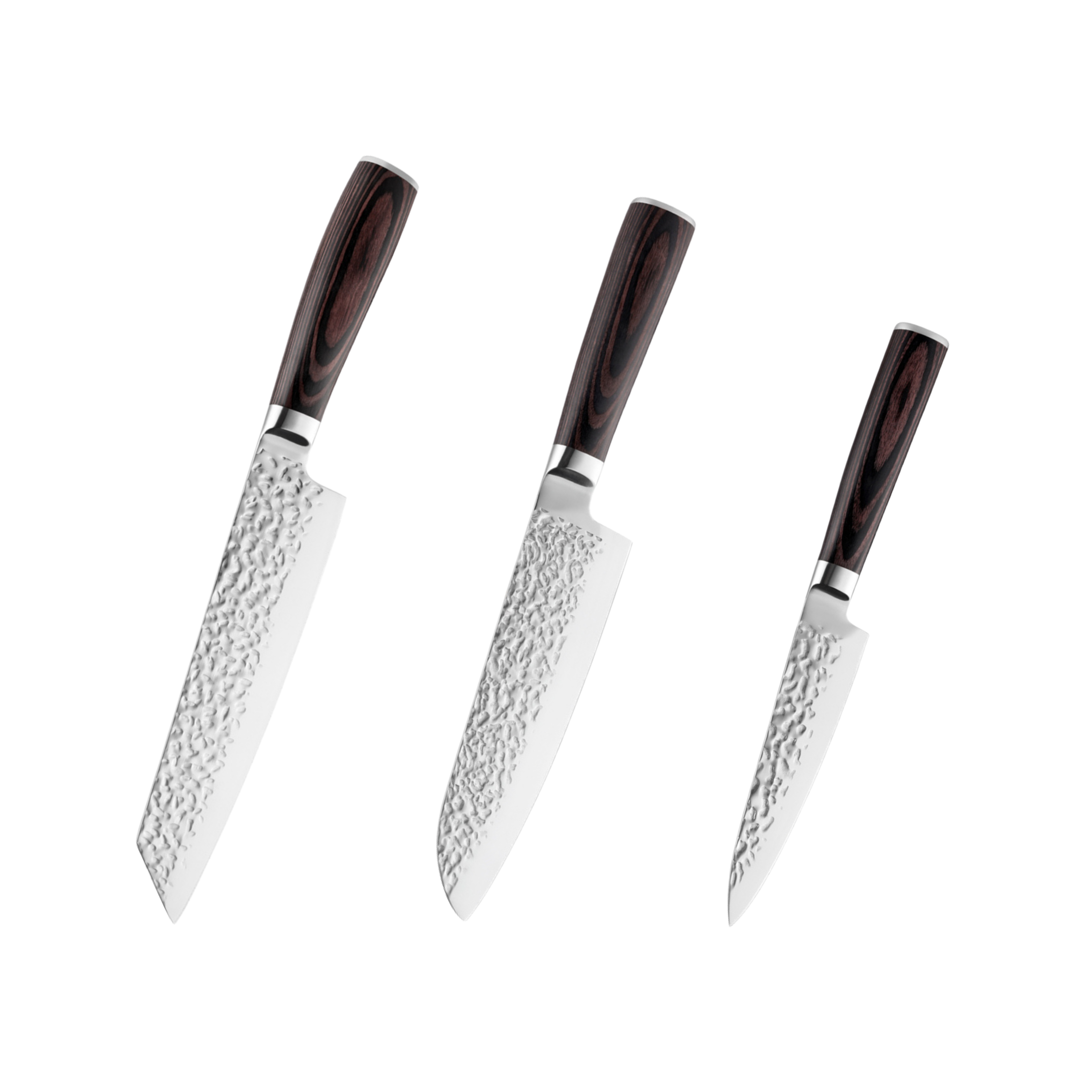 Three kitchen knives of different sizes with hammered steel blades and dark wood handles, arranged diagonally on a plain white background.