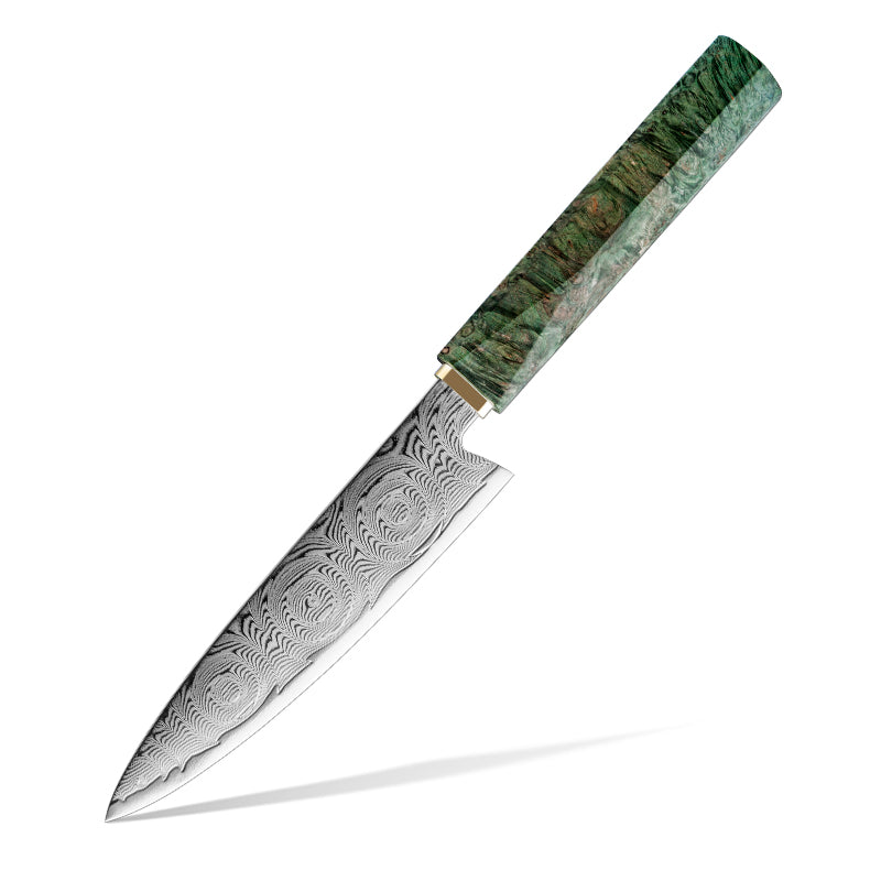 Decorative petty knife with a green handle and ROSE DAMASCUS PATTERN blade on a white background