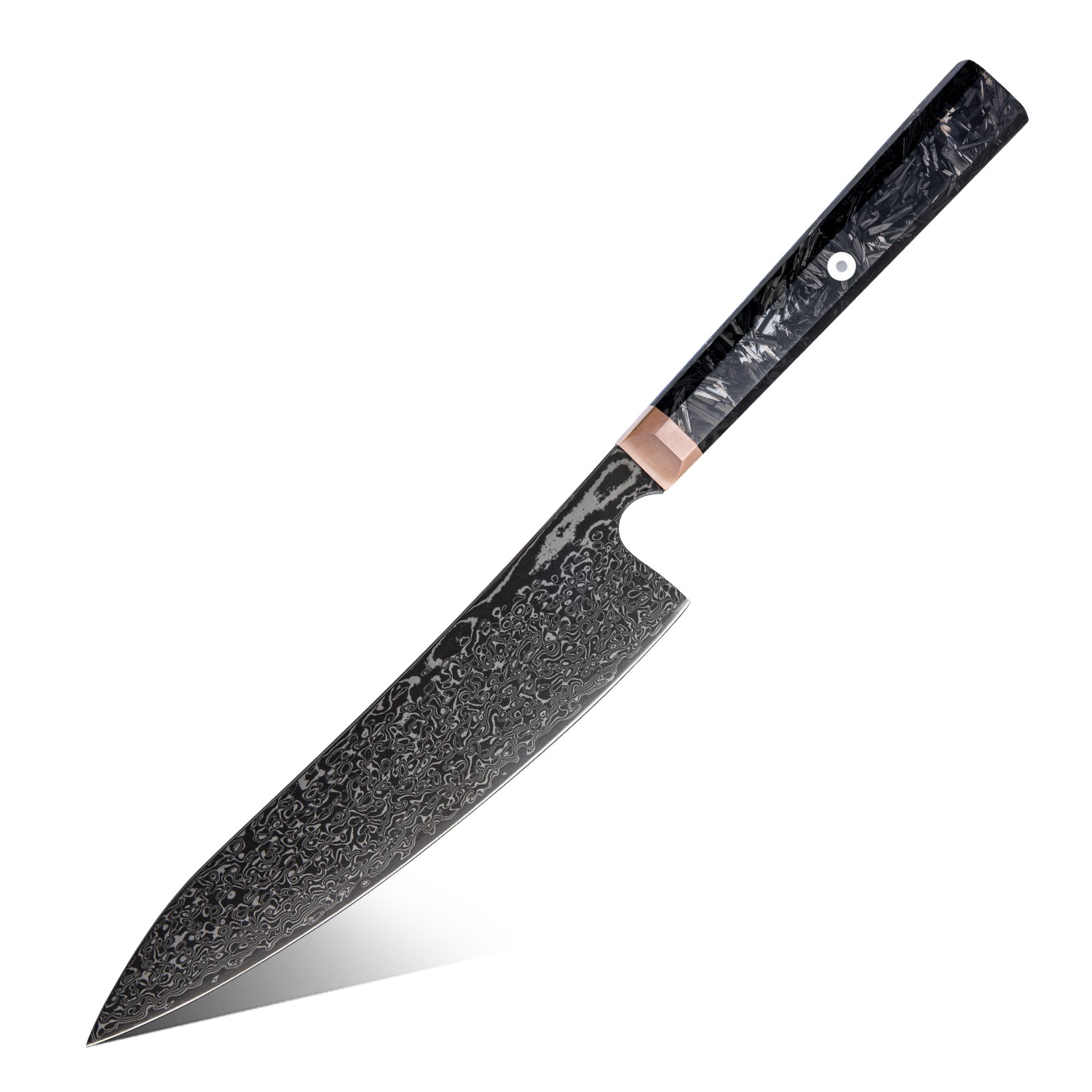 Chef's knife with a black handle on a white background