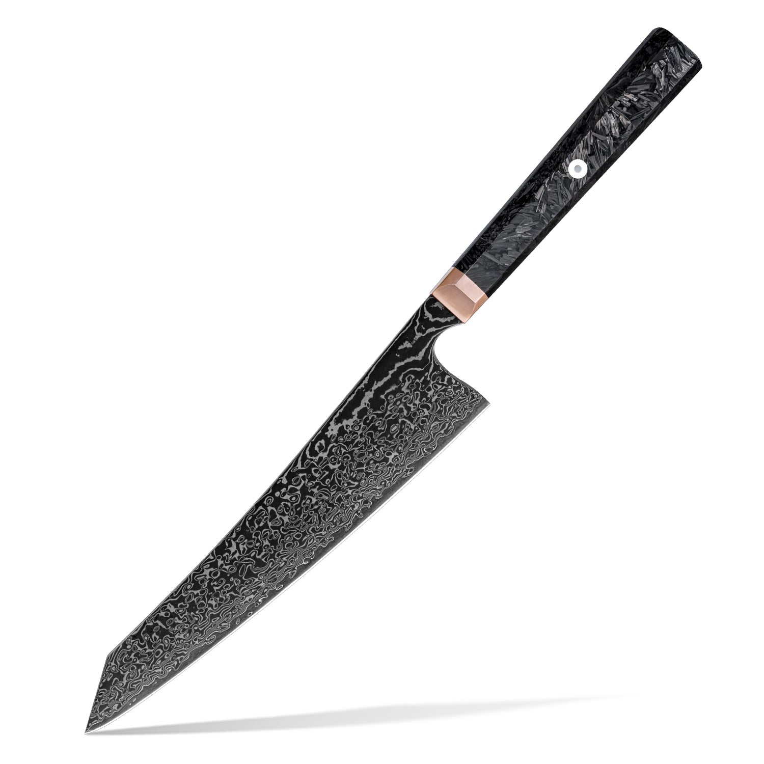 Black Damascus patterned kitchen knife with a rose gold accent on a white background