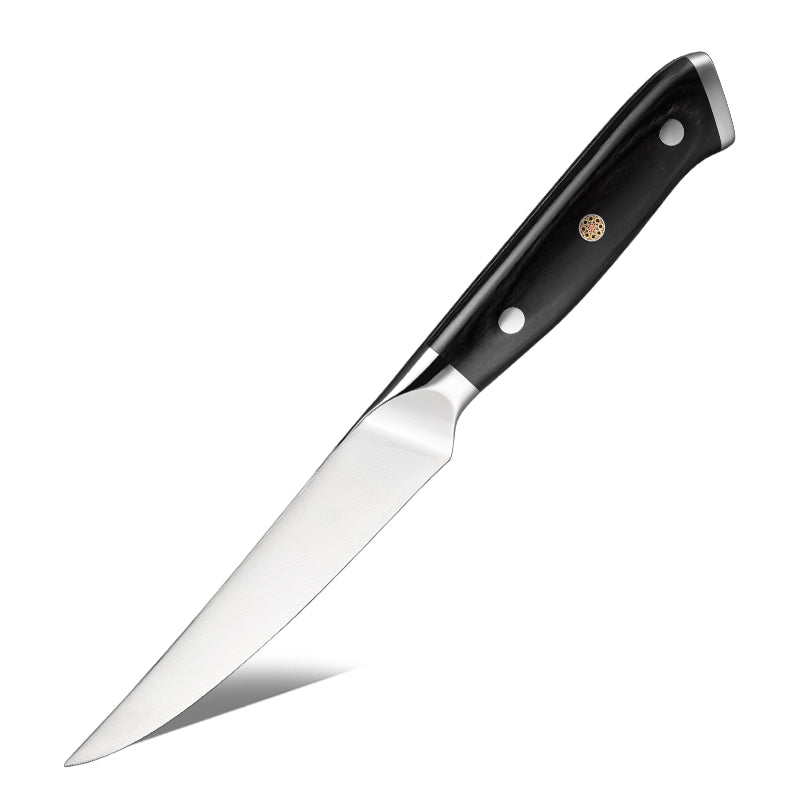 Steak Knife German steel blade full tang Hikari Knife with black pakkawood handle on white background