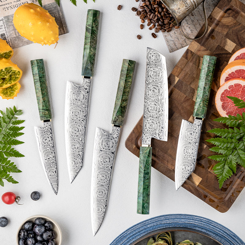 Damascus Steel Rose Pattern with Green Wood