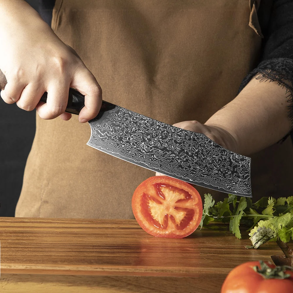 Premium Nakiri, Hikari – Vegetable Knife, Damascus and VG-10 Steel Blade, Maple and Resin Handle - Hikari