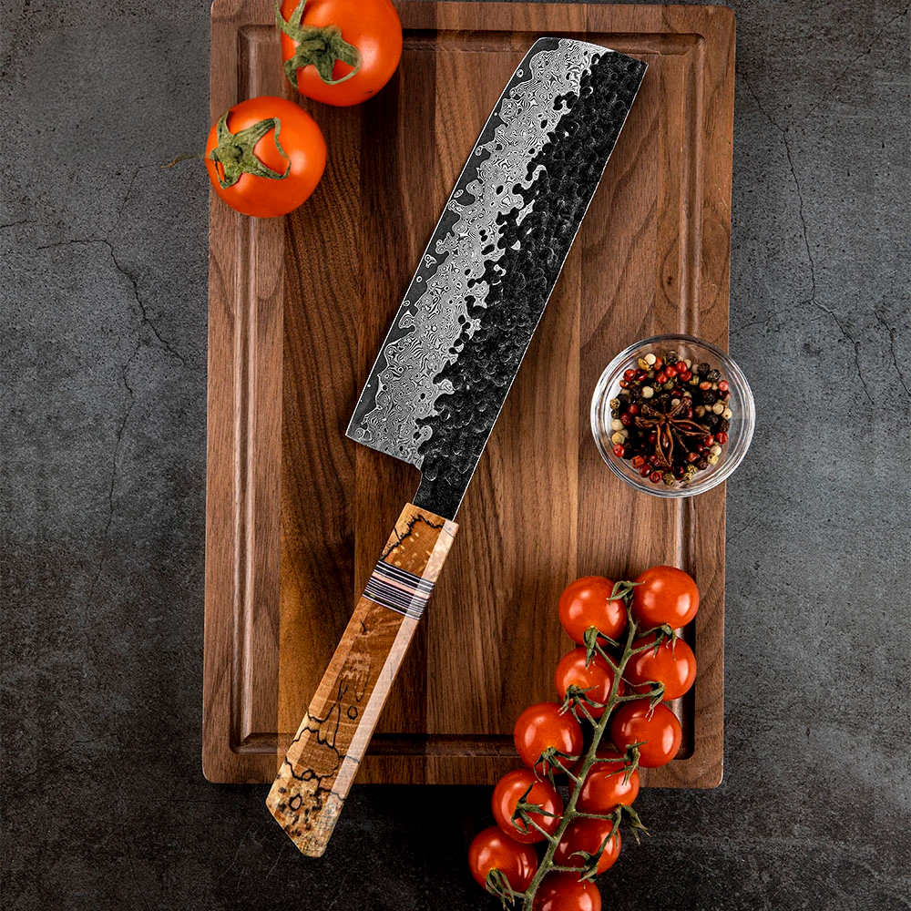 Nakiri [Vegetables Knife] - Professional Nakiri Knife, Hikari – Damascus VG -10 Steel, Spalted Maple Handle, Garnish Preparation - Hikari