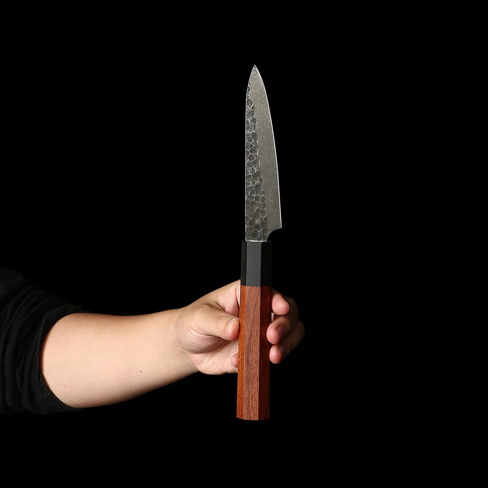 Petty Knife – High Carbon Steel Blade, Hammered Finish, Mahogany Wood Handle for Precision Cutting - Hikari
