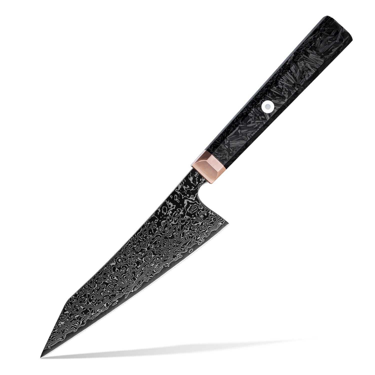 Decorative petty kitchen  knife with a black handle on a white background
