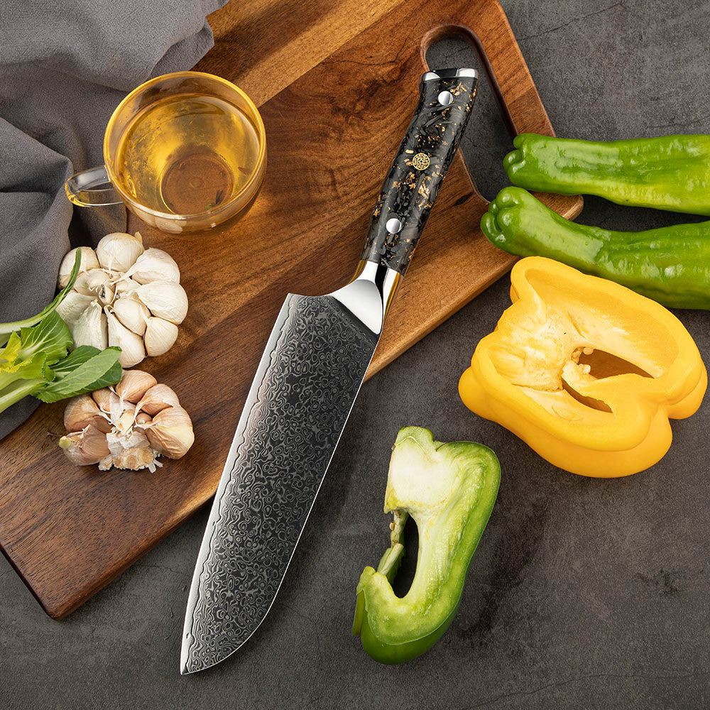 Professional Santoku Knife, Hikari – Damascus & VG -10 18 cm Blade, Carbon Fiber Handle, Multipurpose Kitchen Knife - Hikari
