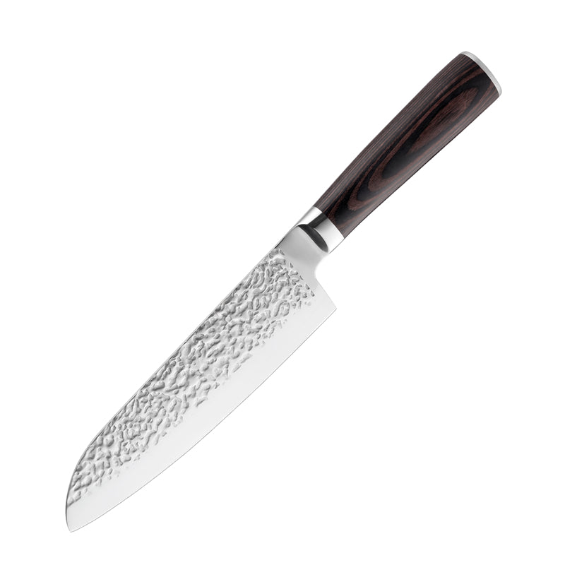 Premium Hikari Knife Santoku Kitchen Knife with hammered stainless steel blade and pakkawood handle on white background