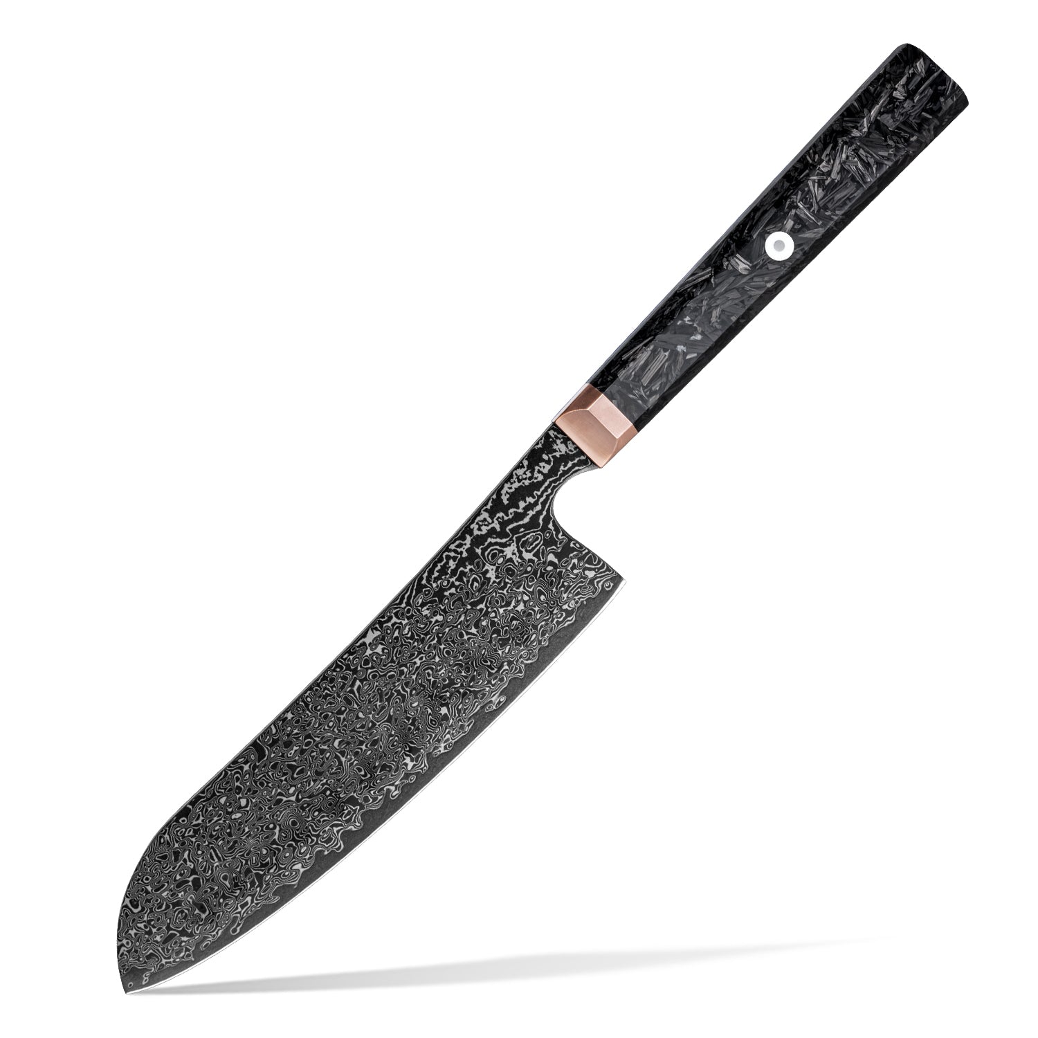 Black Damascus knife with a decorative handle on a white background