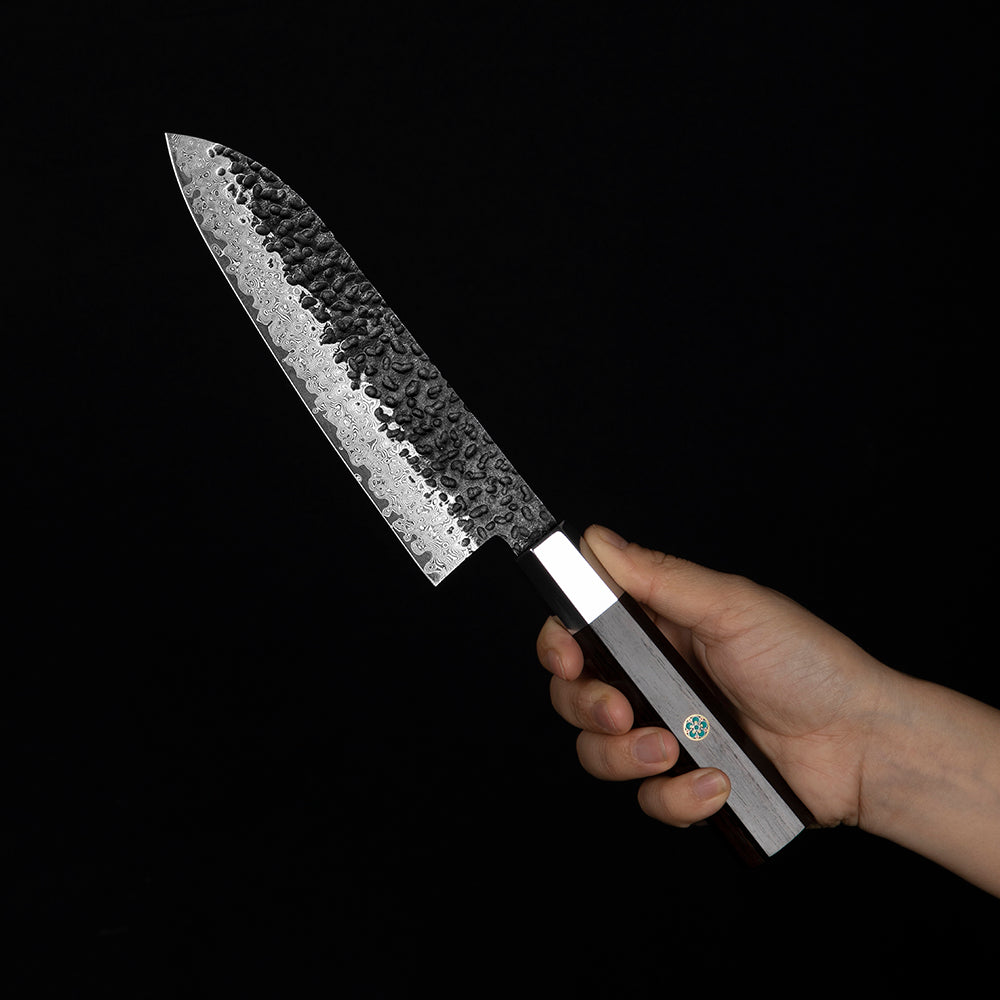 Professionelles Santoku-Messer, Hikari – Klinge aus Damaszenerstahl, Griff aus Ebenholz, Allzweckmesser