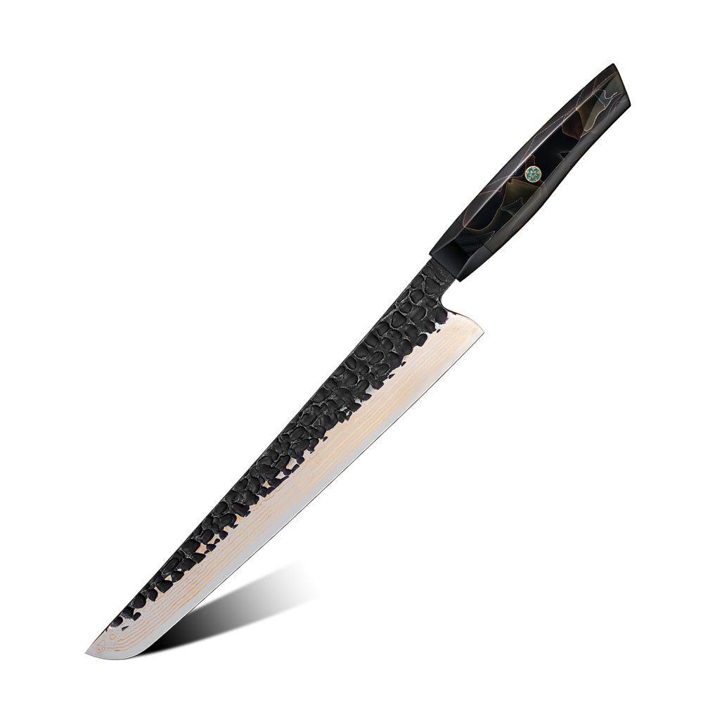 slicer / slaugther knife with black and copper damascus blade on a white background