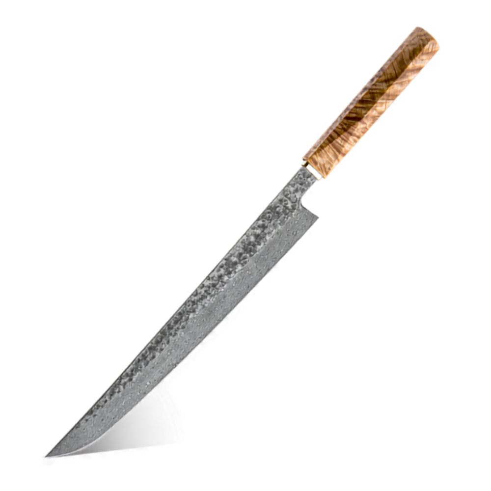 Japanese sashimi knife with a wooden handle on a white background